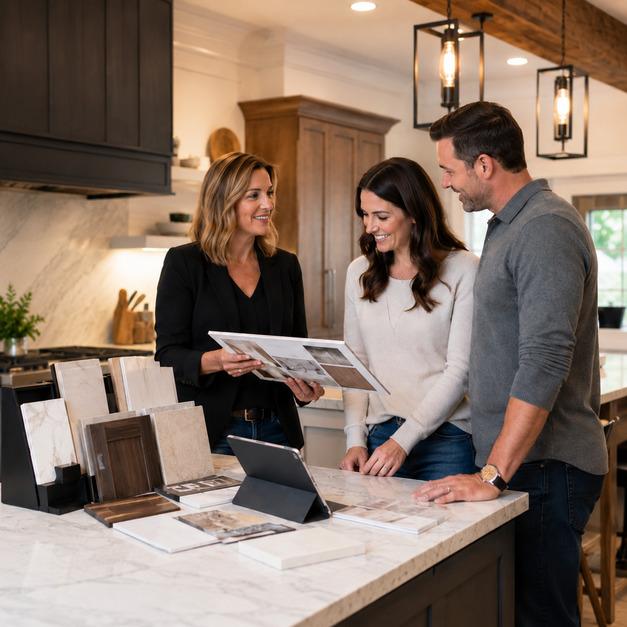 City Kitchen & Bath designer reviewing samples and plans with homeowners in a kitchen