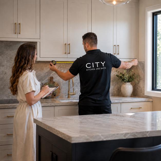 City Kitchen & Bath team taking final measurements inside a completed kitchen space