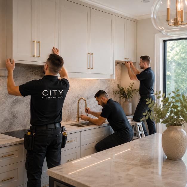 City Kitchen & Bath installers completing cabinetry and fixture work in a kitchen