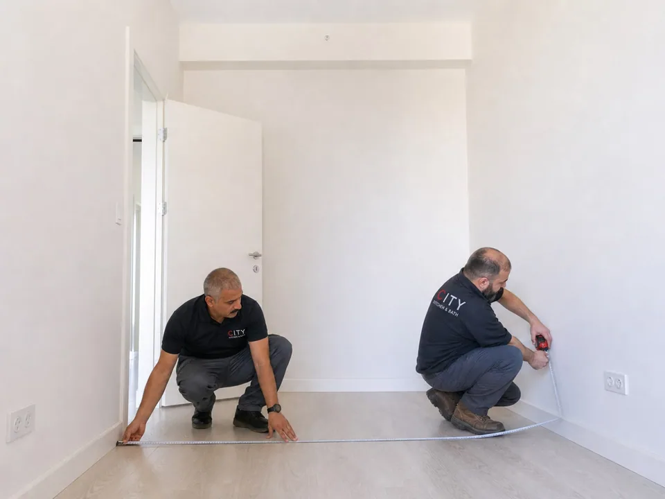 City Kitchen & Bath team taking final measurements inside a completed kitchen space