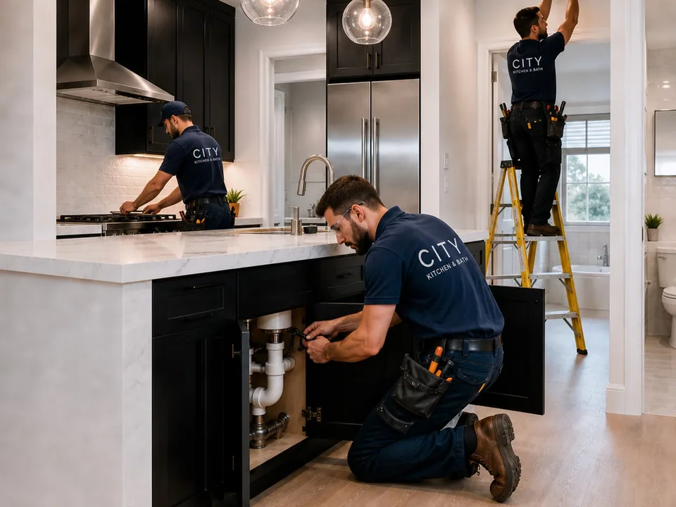 City Kitchen & Bath installers completing cabinetry and fixture work in a kitchen